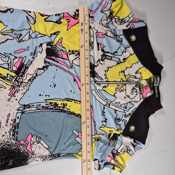 Jamie Sadock Blue Yellow Black Pink Abstract Short Sleeve Activewear Top Shirt S - Picture 2 of 4
